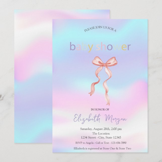 Adorable Pink Bow Holographic Baby Shower Invitation (Front/Back)