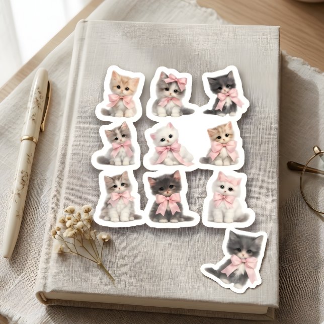 Adorable Pink Bow Kittens Cute Cat Lover's  Sticker (Creator Uploaded)