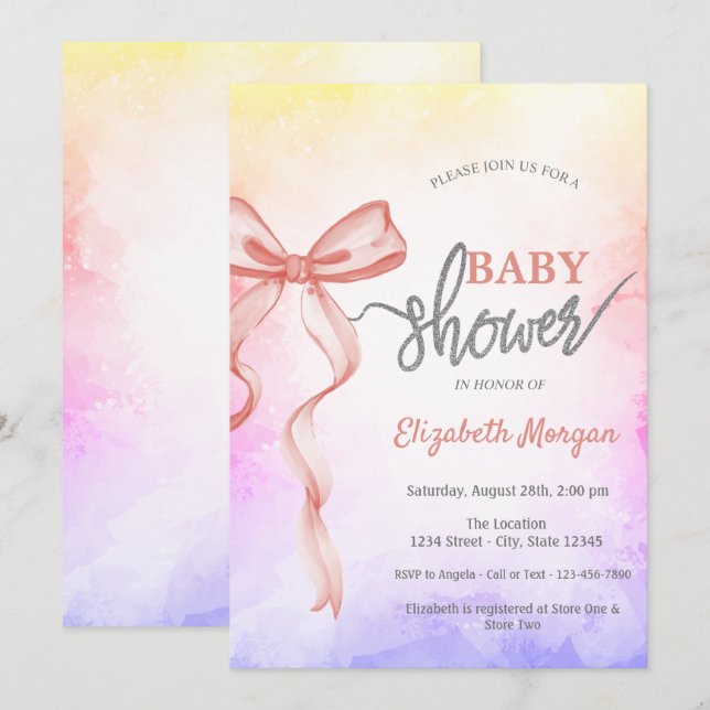 Adorable Pink Bow Ombre Baby Shower Invitation (Front/Back)