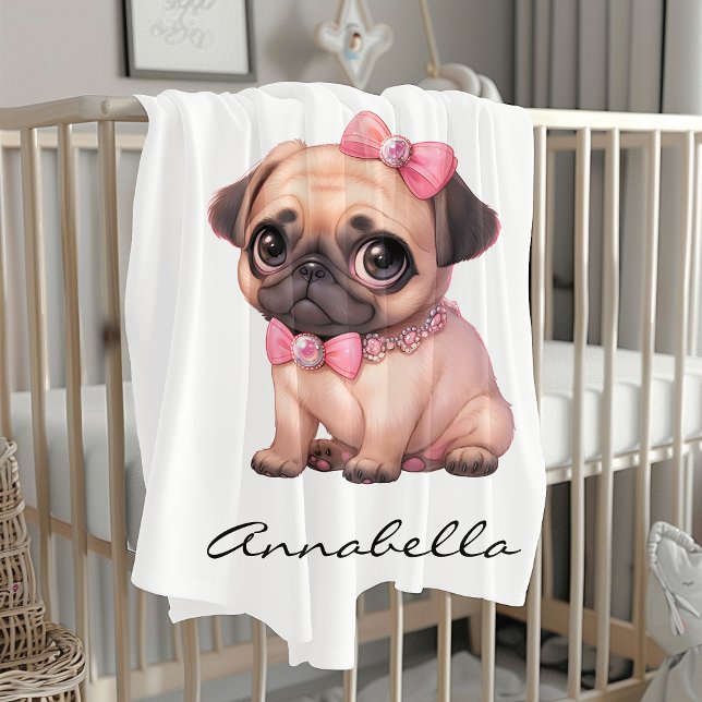 Adorable Pink Bow Pug Personalized Baby Blanket (Creator Uploaded)