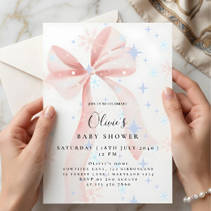 Adorable Pink Bow & Snowflakes Baby Shower Invitation