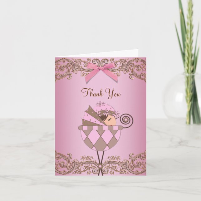 Adorable Pink Brown Baby Shower Thank You Cards (Front)