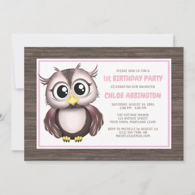 Adorable Pink Brown Owl Birthday Invitations (Front)