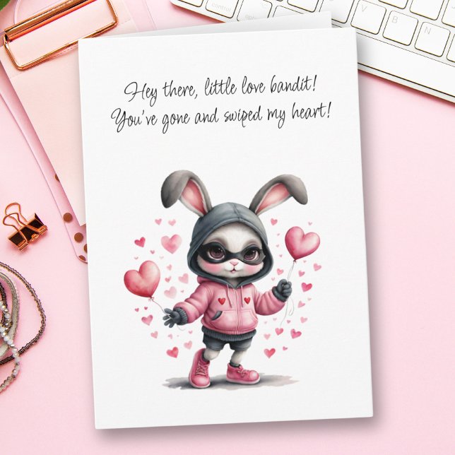 Adorable Pink Bunny Steals Heart Valentine's Day Card (Adorable Pink Bunny Steals Heart Valentine's Day Card)
