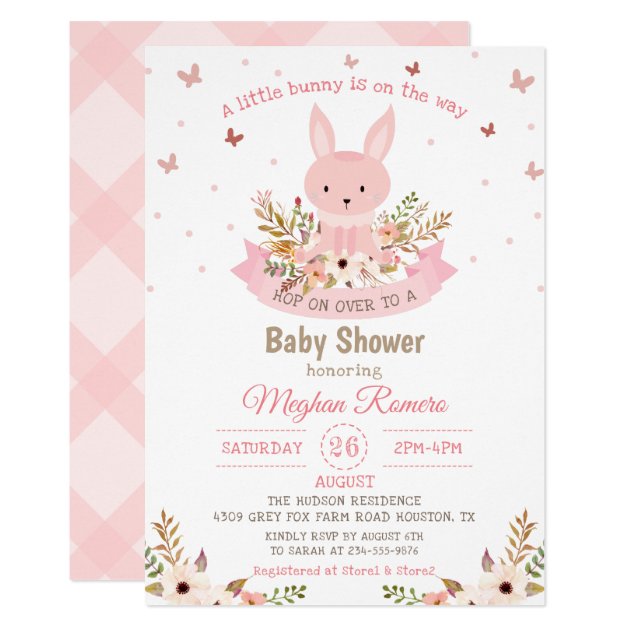 Adorable Pink Bunny With Flowers Baby Shower Invitation