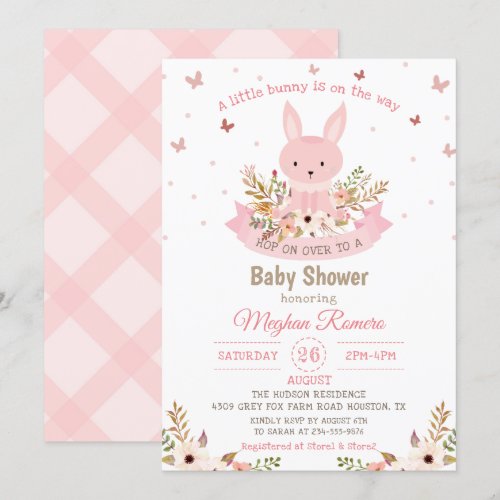 Adorable Pink Bunny with Flowers Baby Shower Card