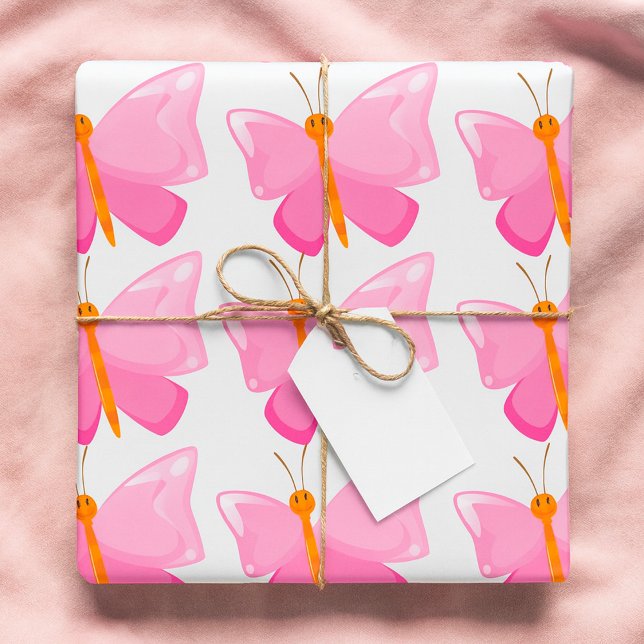 Adorable Pink Cartoon Butterfly  Wrapping Paper (Creator Uploaded)