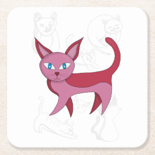 Adorable Pink Cat and Kitten Doodles Duvet Cover Square Paper Coaster