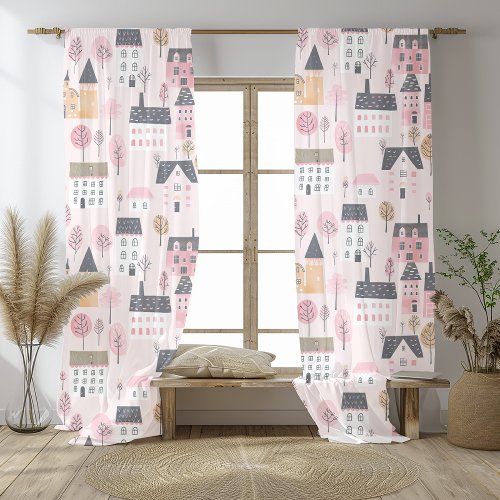 Adorable Pink City Houses  Sheer Curtains