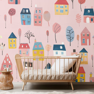"Adorable Pink City Houses Wallpaper