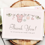 Adorable Pink Clothesline | Baby Shower Thank You Postcard<br><div class="desc">Your guest from the baby shower will love this pink thank you postcard with baby clothes line and birds carrying them.</div>