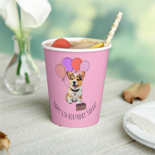 Adorable Pink Corgi Birthday Customizable Paper Cups
