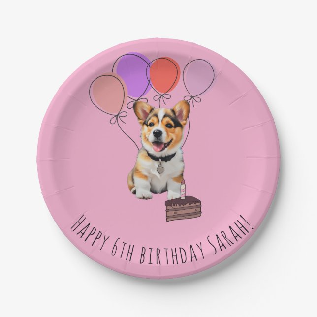 Adorable Pink Corgi Birthday Customizable Paper Plates (Front)
