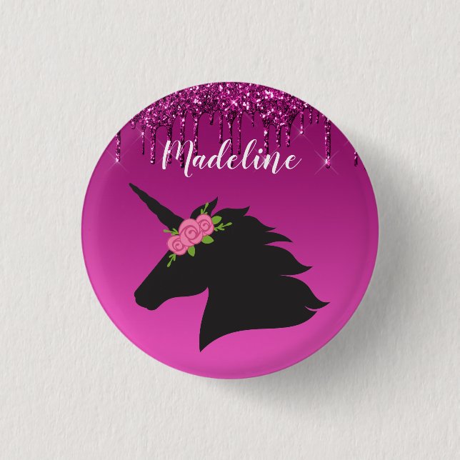 Adorable Pink Customized Floral Unicorn Button (Front)