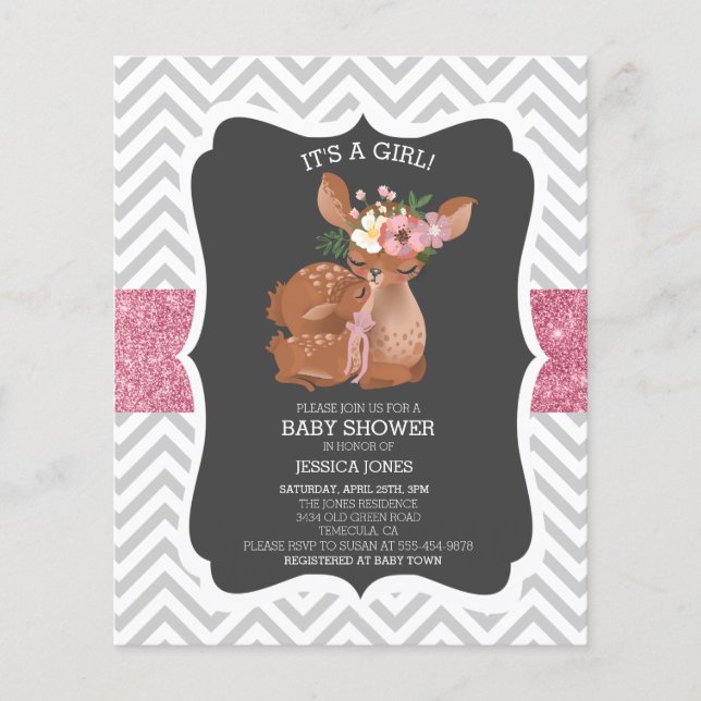 Adorable Pink Deer Chevron Glitter Baby Shower Inv (Front)