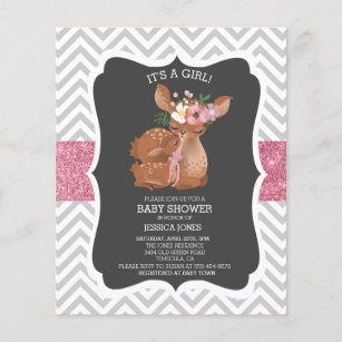 Adorable Pink Deer Chevron Glitter Baby Shower Inv