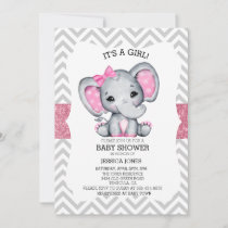 Adorable Pink Elephant Chevron Glitter Baby Shower Invitation