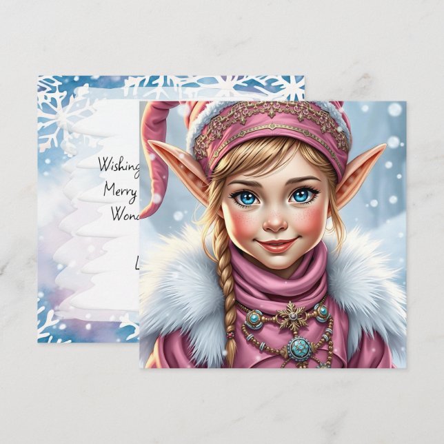 Adorable Pink Elf | Merry Christmas Personalized Holiday Card (Front/Back)