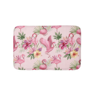 Adorable Pink Flamingo And Exotic Flowers Bath Mat
