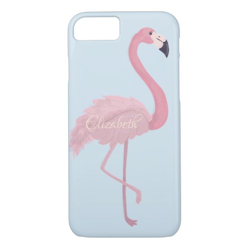 Adorable Pink Flamingo Blue _Personalized iPhone 87 Case