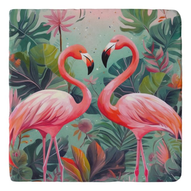 Adorable Pink Flamingo Marble Trivet (Front)