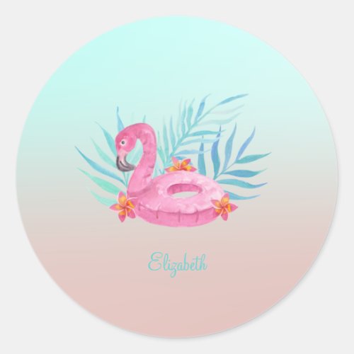 Adorable Pink Flamingo Palm Leaves Classic Round Sticker