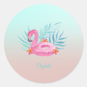 Adorable Pink Flamingo Palm Leaves Classic Round Sticker