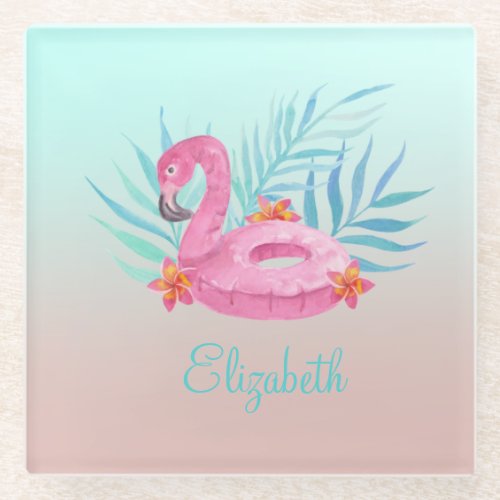 Adorable Pink Flamingo Palm Leaves Glass Coaster