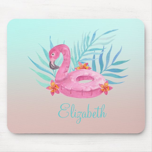 Adorable Pink Flamingo Palm Leaves Glass Coaster Mouse Pad (Front)