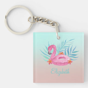 Adorable Pink Flamingo Palm Leaves Keychain