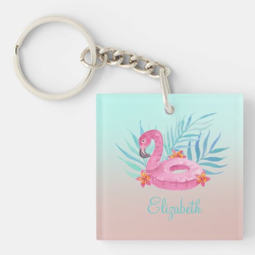 Adorable Pink Flamingo Palm Leaves  Keychain