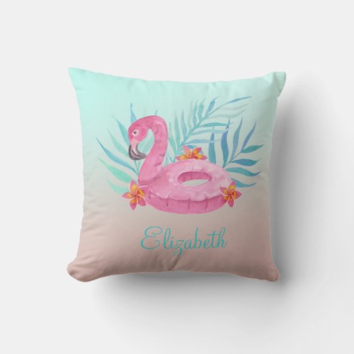 Adorable Pink Flamingo Palm Leaves  Throw Pillow