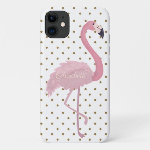 Adorable Pink Flamingo Polka Dots_Personalized iPhone 11 Case