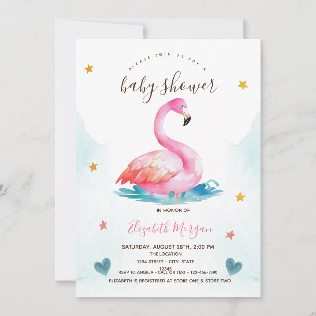 Adorable Pink Flamingo Stars Hearts Baby Shower   Invitation (Front)