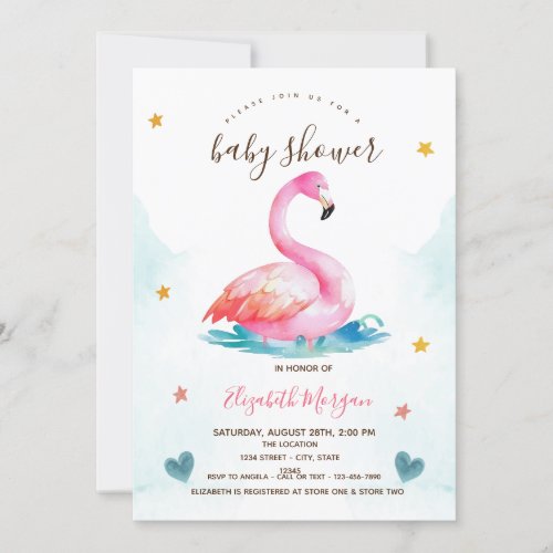 Adorable Pink Flamingo Stars Hearts Baby Shower   Invitation