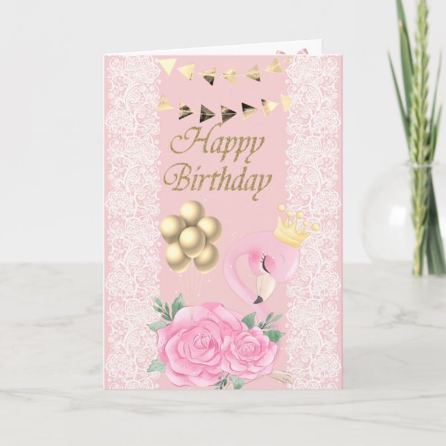 Adorable Pink Flamingo,Tiara,Lace,Balloons Card (Front)