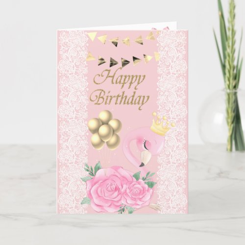 Adorable Pink FlamingoTiaraLaceBalloons Card