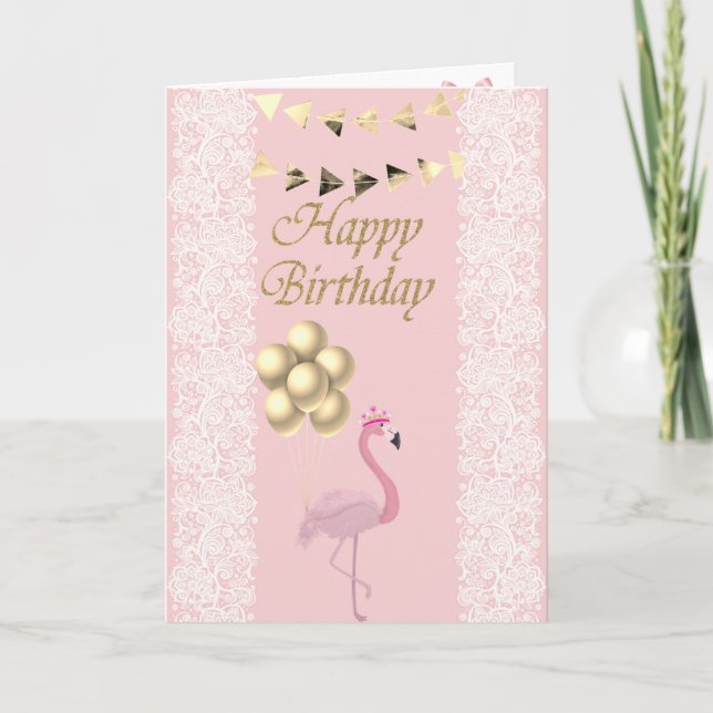 Adorable Pink Flamingo,Tiara,Lace,Balloons Card (Front)