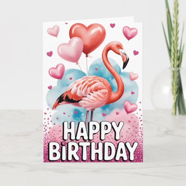 Adorable Pink Flamingo with Heart Balloons Card (Front)