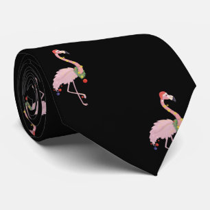 Adorable Pink Flamingo With Santa Hat ,Black Neck Tie
