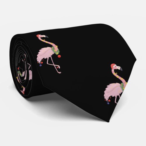 Adorable Pink Flamingo With Santa Hat Black Neck Tie