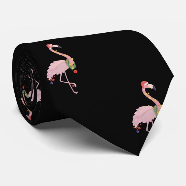 Adorable Pink Flamingo With Santa Hat ,Black Neck Tie (Rolled)