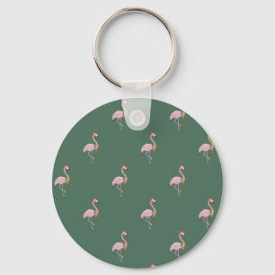 Adorable Pink Flamingo With Santa Hat,Green Keychain