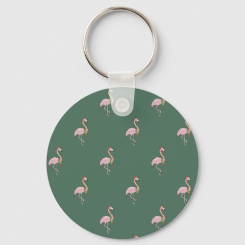 Adorable Pink Flamingo With Santa HatGreen   Keychain