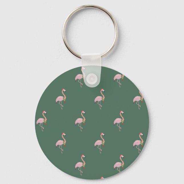 Adorable Pink Flamingo With Santa Hat,Green   Keychain (Front)