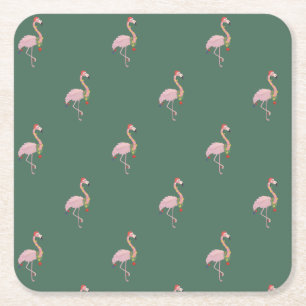 Adorable Pink Flamingo With Santa Hat,Green Square Paper Coaster
