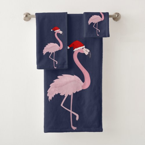 Adorable Pink Flamingo With Santa Hat  Snowflakes Bath Towel Set