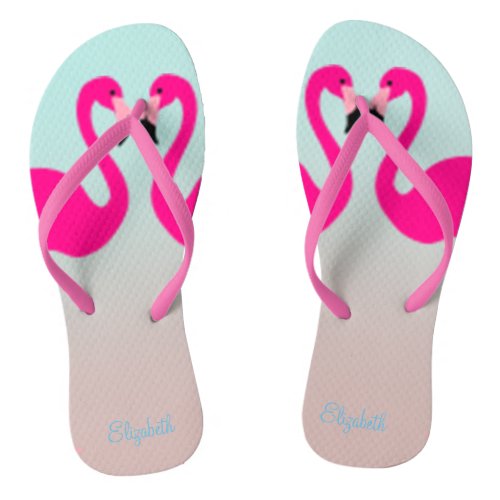 Adorable Pink Flamingos In Love Flip Flops