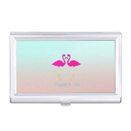 Adorable Pink Flamingos In Love_Personalized Business Card Case