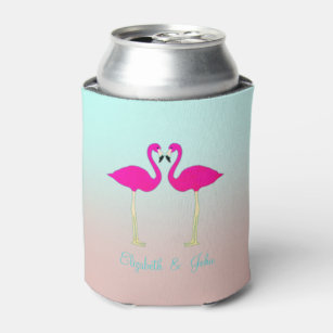 Adorable Pink Flamingos In Love-Personalized Can Cooler